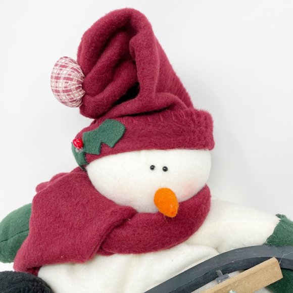 Snowman Plush Merry Christmas wood sled decoration stuffed  10" x  15" sitting - Picture 2 of 8
